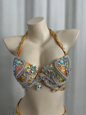 Belly Dance Costume, Women's Orange & Gold Sequin & Bead Embellished Halter Bra Top & Hip Scarf with Fringe, Tribal Fusion Dancewear