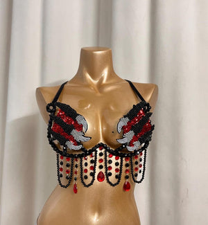 Dance Bra Top, Women's Black and Red Sequin Beaded Claw Fringe Belly Dance Costume