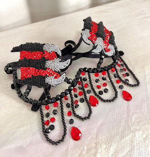 Dance Bra Top, Women's Black and Red Sequin Beaded Claw Fringe Belly Dance Costume