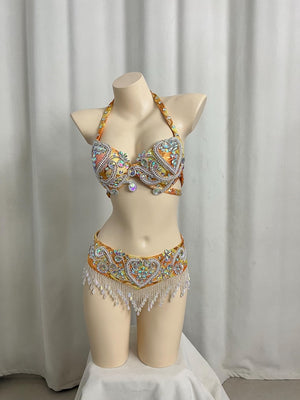 Belly Dance Costume, Women's Orange & Gold Sequin & Bead Embellished Halter Bra Top & Hip Scarf with Fringe, Tribal Fusion Dancewear