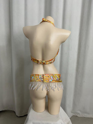 Belly Dance Costume, Women's Orange & Gold Sequin & Bead Embellished Halter Bra Top & Hip Scarf with Fringe, Tribal Fusion Dancewear