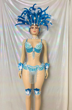 Carnival Samba Dance Costume, Women's Blue & White Sequin Feathered Headdress Bra Skirt Set, Latin Dancewear