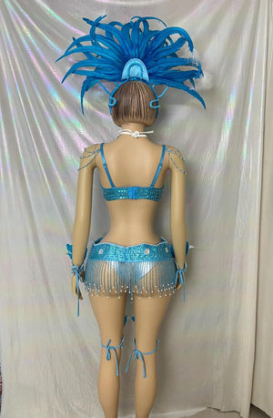 Carnival Samba Dance Costume, Women's Blue & White Sequin Feathered Headdress Bra Skirt Set, Latin Dancewear