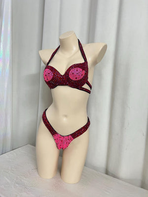 Women's Blue & Black Ombre Sequin Halter Neck Bikini Top and High-Cut Bottom Set, Embellished Bodybuilding Competition Suit