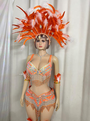 Women's Orange & White Feathered Sequin Fringe Latin Dancewear Set