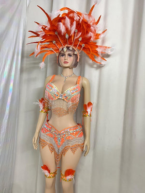 Women's Orange & White Feathered Sequin Fringe Latin Dancewear Set