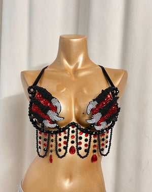 Dance Bra Top, Women's Black and Red Sequin Beaded Claw Fringe Belly Dance Costume