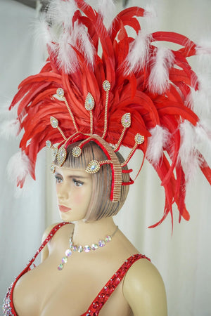 Carnival Dance Costume, Women's Red & Silver Sequin Beaded Feather Headdress Bra Shorts Set, Samba/Rumba/Latin Dancewear