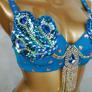Belly Dance Bra, Women's Teal Embellished Sequin Rhinestone Peacock Design Fringe, Tribal Dance