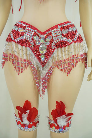 Carnival Dance Costume, Women's Red & Silver Sequin Beaded Feather Headdress Bra Shorts Set, Samba/Rumba/Latin Dancewear