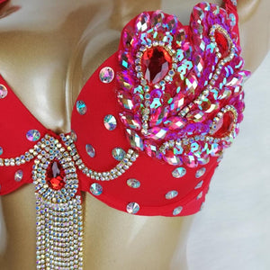 Belly Dance Bra, Women's Teal Embellished Sequin Rhinestone Peacock Design Fringe, Tribal Dance