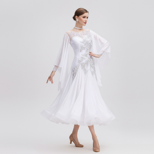 Women's Ballroom Dance Competition Dress In White Pearl Silk For Performance