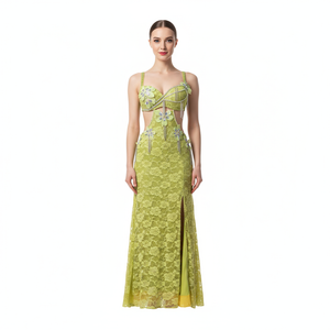 Women's Belly Dance Costume With Rhinestone Floral Tassels For Performance And Competition