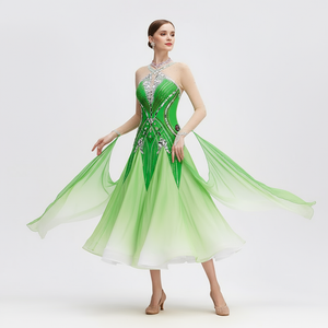 Women's Ballroom Dance Dress International Standard Chiffon White-Green Ombre For Adult Stage Performance