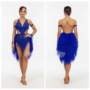 Women's Latin Dance Dress With Ostrich Feather Fringe Sleeveless Blue For Performance And Competition
