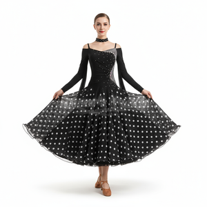 Women's Standard Ballroom Practice Dress With Polka Dot Big Swing Skirt Black For Waltz Foxtrot Tango