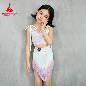Girls White & Pink Sequin Fringe Latin Dance Dress, Spaghetti Strap Crop Top & Asymmetrical Skirt Set