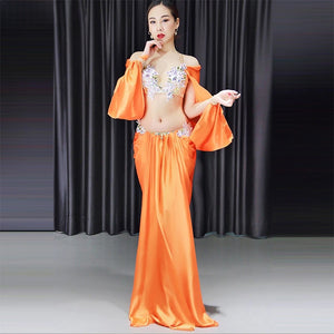 Belly Dance Costume Women Orange Satin Embroidered Crop Top with Bell Sleeves and Long Skirt