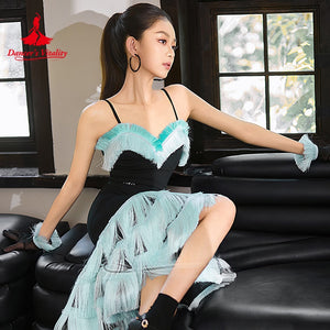 Women's Black & Aqua Fringe Latin Dance Dress with Spaghetti Straps