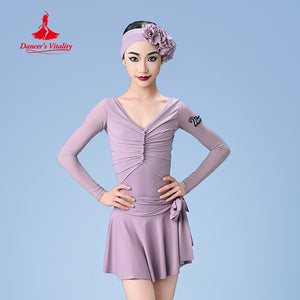 Girls' Lavender Long Sleeve V-Neck Ruched Leotard with Skirt and Headband, Mesh Sleeves, Latin Dance Dress