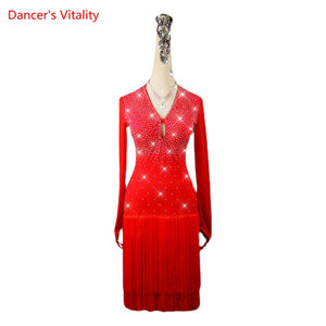 Women's Red Rhinestone Long Sleeve Fringe Latin Dance Dress