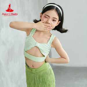 Girls' Light Green Cut-Out Ruffled Crop Top & Fringe Skirt Latin Dance Costume