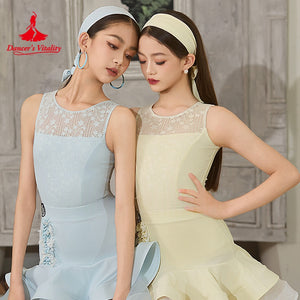 Girls' Light Blue & Light Yellow Lace Sleeveless Ruffle Hem Latin Dance Dress