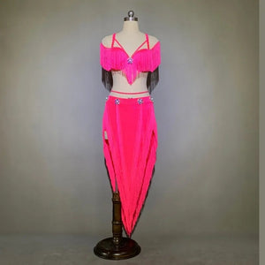 Women's Hot Pink Fringe Sequin Asymmetrical Skirt Latin Dance Dress