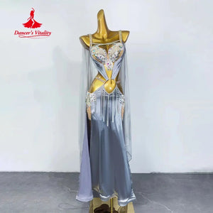 Women's Silver Sequin Beaded Cutout Fringe Satin Belly Dance Dress with Sheer Cape