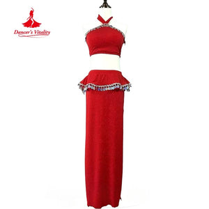 Belly Dance Costume Women's Red Halter Crop Top & Sequin Ruffle Maxi Skirt Set, Shimmer Fabric