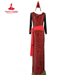 Women's Red Leopard Print Mesh Sleeve Cowl Neck Latin Dance Dress with Sash