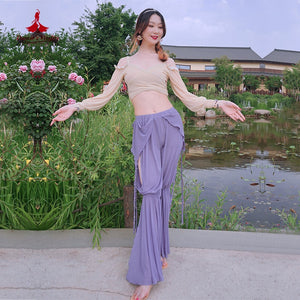 Belly Dance Women's Lavender Chiffon Slit Harem Pants with Ruffled Waistband