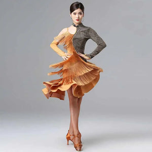 Women's Gold & Grey Asymmetrical Fringe Latin Dance Dress with Long Sleeves