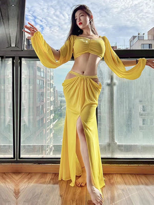 Women's Yellow Chiffon Long Sleeve Crop Top & Slit Skirt Belly Dance Costume