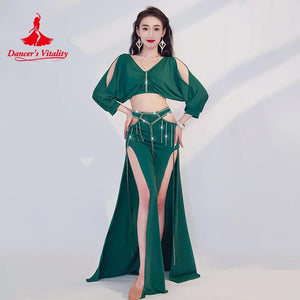 Women's Green V-Neck Crop Top and Slit Pants Set with Rhinestone Tassels, Belly Dance Costume
