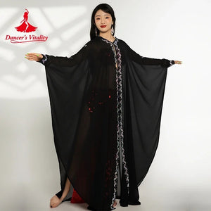 Belly Dance Women's Black Sheer Chiffon Kaftan with Silver Embroidery and Sequin Accents Tribal Fusion Costume