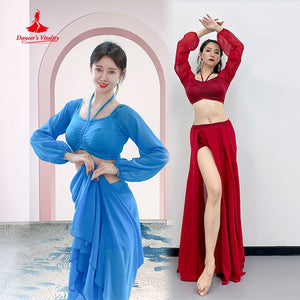 Belly Dance Costume Women's Adult Blue Chiffon Long Sleeve Halter Top & Skirt Set, Red Chiffon Long Sleeve Halter Top & High-Slit Skirt Set
