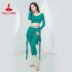 Belly Dance Practice Set Women's Teal Green Long Sleeve Crop Top with Skirted Leggings and Ribbed Leg Warmers