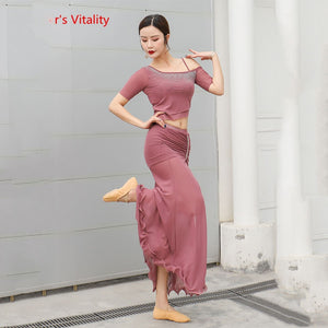 Women's Pink Rhinestone Off-Shoulder Crop Top and Ruched Maxi Skirt Latin Dance Set