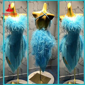 Women's Azure Ostrich Feather & Fringe Latin Dance Dress