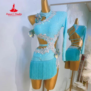 Women's Sky Blue Rhinestone Fringe Long Sleeve Latin Dance Dress