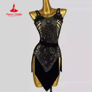 Latin Dance Dress Women Black Beaded Mesh Tassel Sleeveless Performance Costume