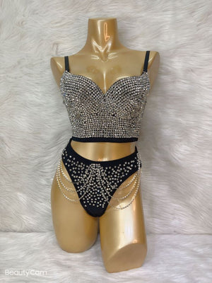 Party Dance Corset+High waist thong Women's Corset Rave Crystal Showgirl