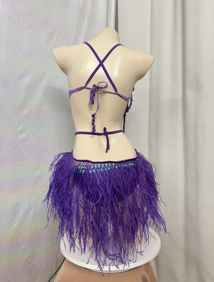 Samba Carnival Handmade Stones Bodysuit With Feather Mini Skirt For EDC Costumes