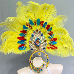Sexy Women Samba Rio Carnival Costume Handmde Belly Dance Costume Wire Bra&Belt Set with Feather Head piece Rainbow stones C031