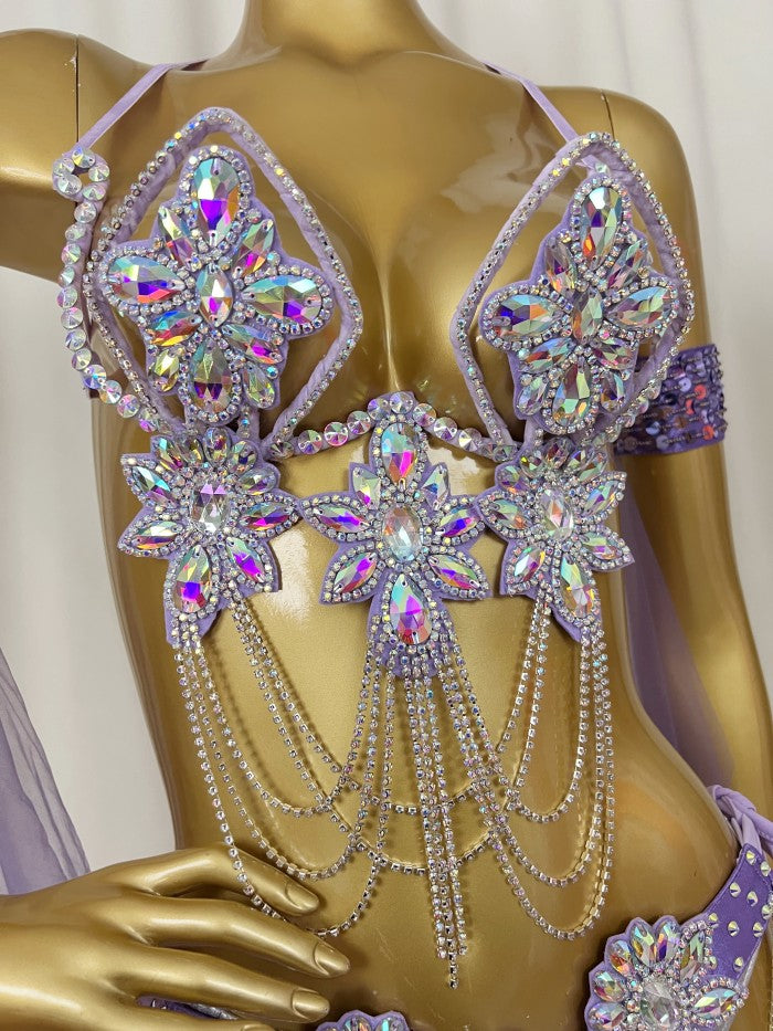 Samba Carnival Wire Bra & Panty & Belt Set Hand Made Belly Dancing Costume Outfit with arm sleeves