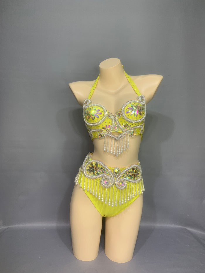 Party Club Samba Costumes Bra Belt and Pants Yellow Color Rave Costumes BP032