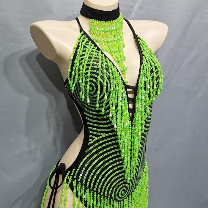 Sexy Tassel Sparkly Beading Sequin Bodysuit Festival Women's Costume EDC Party Nightclub Outfit Stage Performance Dance Clothing BS2101