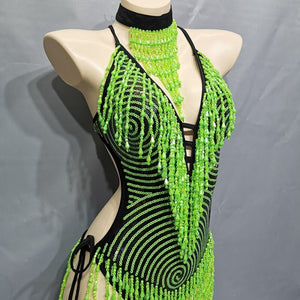 Sexy Tassel Sparkly Beading Sequin Bodysuit Festival Women's Costume EDC Party Nightclub Outfit Stage Performance Dance Clothing BS2101