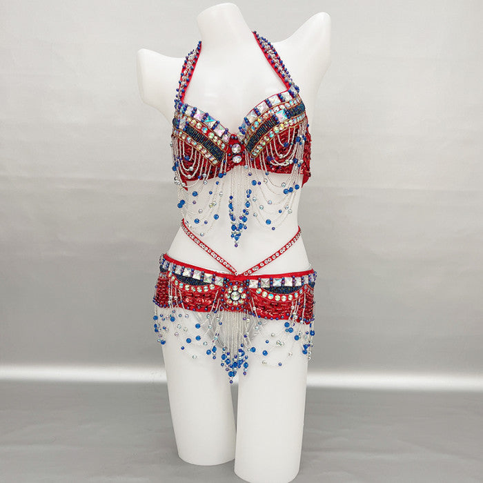 New Sexy Beaded Belly Dance Costume Women Tops Bra Chain Belt 2pc Set Night Dance Wear Tassel Belly Dancing Outfit Carnival Costume  N21024